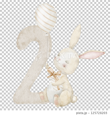 Cute watercolor Bunny holding a number two with gift box and balloon. Illustration of little Rabbit for baby monthly Milestone or Birthday greeting cards in beige pastel colors. Art of Hare for kids. 125728203