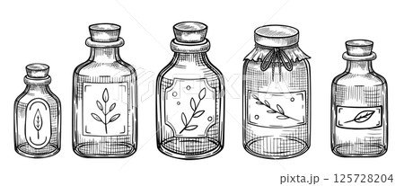 Set of vector Glass Bottles with herb labels. Hand-drawn vintage illustration of kitchen containers in linear style for culinary projects, herbal packaging, apothecary visuals, and organic branding. Set of vector Glass Bottles with herb labels. Hand-drawn vintage illustration of kitchen containers in linear style for culinary projects, herbal packaging, apothecary visuals, and organic branding. 125728204