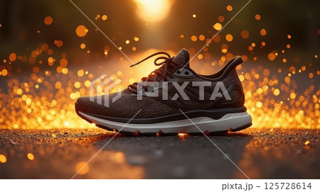 A Running Shoe With Golden Energy Streaks Behind It 125728614