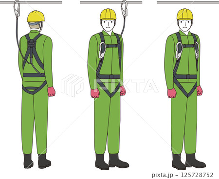 墜落防止のフルハーネスとランヤードをつけた現場工事作業員 墜落防止のフルハーネスとランヤードをつけた現場工事作業員 125728752