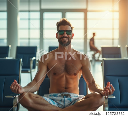 Businessman in beach shorts and sunglasses sitting in yoga pose at airport terminal, relaxed vacation mood while waiting for his flight. 125728782