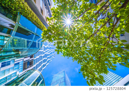 日本の東京都市景観 新景・渋谷ストリームや渋谷スクランブルスクエアなどのビル群や新緑、光芒…＝3日 125728804
