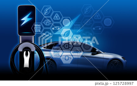 Concept of Power cable pump plug in charging power to electric vehicle EV car with icon save the world. Concept of Power cable pump plug in charging power to electric vehicle EV car with icon save the world. 125728997