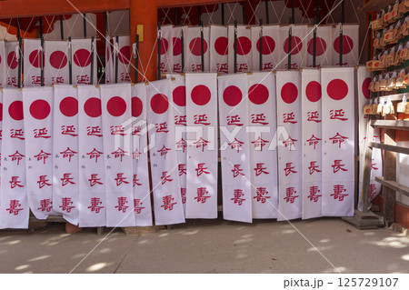 多賀神社の祠の周りには「延命長寿」と書かれた幡が連なっている 多賀神社の祠の周りには「延命長寿」と書かれた幡が連なっている 125729107