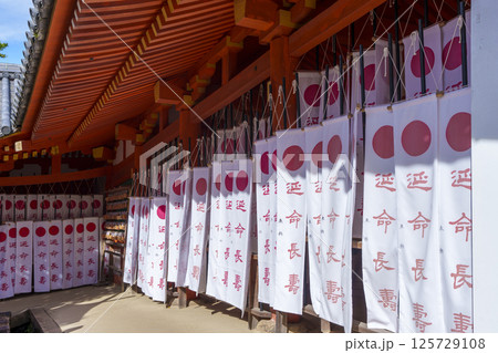 多賀神社の祠の周りには「延命長寿」と書かれた幡が連なっている 125729108