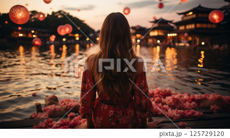 夜祭りを楽しむ幻想的な女性 夜祭りを楽しむ幻想的な女性 125729120