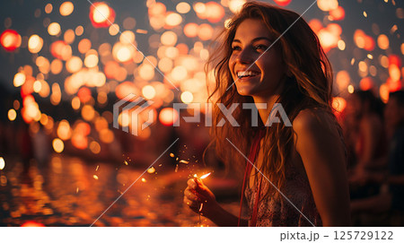 夜祭りを楽しむ幻想的な女性 125729122