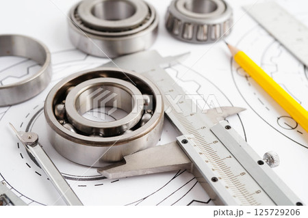 Engineering and precision tools with metal ball bering, mechanical industrial. Engineering and precision tools with metal ball bering, mechanical industrial. 125729206