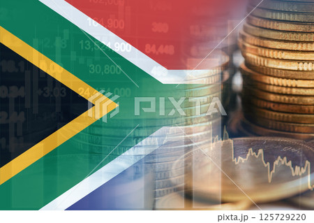 South Africa flag with stock market finance, economy trend graph digital technology. 125729220