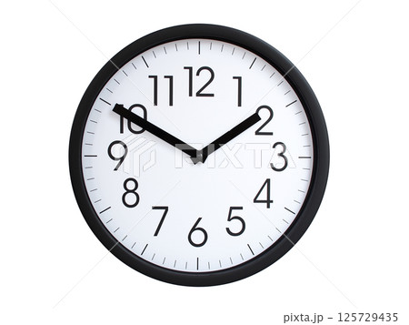 Simple round wall clock with black frame and white face, showing the time exactly at 01:50 or 13:50. Representing time precision in concepts of deadlines. 125729435