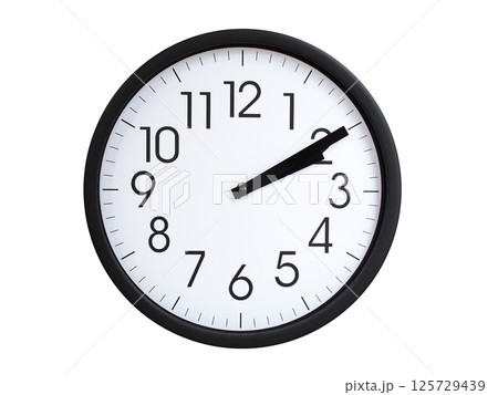 Simple round wall clock with black frame and white face, showing the time exactly at 02:10 or 14:10. Representing time precision in concepts of deadlines. 125729439