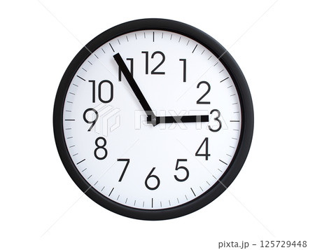 Simple round wall clock with black frame and white face, showing the time exactly at 02:55 or 14:55. Representing time precision in concepts of deadlines. Simple round wall clock with black frame and white face, showing the time exactly at 02:55 or 14:55. Representing time precision in concepts of deadlines. 125729448