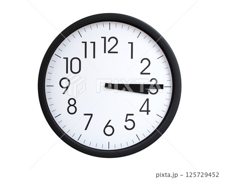Simple round wall clock with black frame and white face, showing the time exactly at 03:15 or 15:15. Representing time precision in concepts of deadlines. 125729452