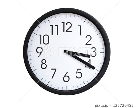Simple round wall clock with black frame and white face, showing the time exactly at 03:20 or 15:20. Representing time precision in concepts of deadlines. 125729453