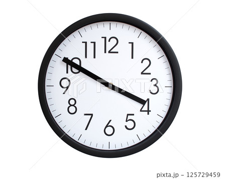 Simple round wall clock with black frame and white face, showing the time exactly at 03:50 or 15:50. Representing time precision in concepts of deadlines. Simple round wall clock with black frame and white face, showing the time exactly at 03:50 or 15:50. Representing time precision in concepts of deadlines. 125729459