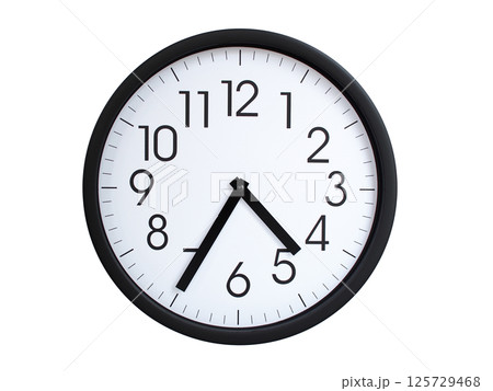 Simple round wall clock with black frame and white face, showing the time exactly at 04:35 or 16:35. Representing time precision in concepts of deadlines. Simple round wall clock with black frame and white face, showing the time exactly at 04:35 or 16:35. Representing time precision in concepts of deadlines. 125729468