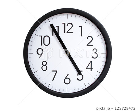 Simple round wall clock with black frame and white face, showing the time exactly at 04:55 or 16:55. Representing time precision in concepts of deadlines. 125729472