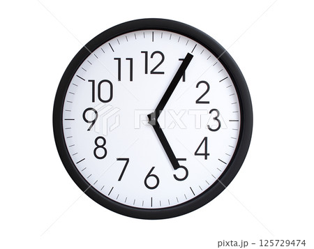 Simple round wall clock with black frame and white face, showing the time exactly at 05:05 or 17:05. Representing time precision in concepts of deadlines. 125729474