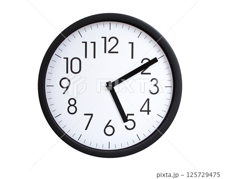 Simple round wall clock with black frame and white face, showing the time exactly at 05:10 or 17:10. Representing time precision in concepts of deadlines. 125729475