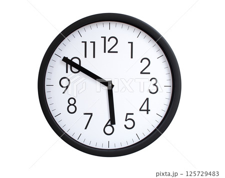 Simple round wall clock with black frame and white face, showing the time exactly at 05:50 or 17:50. Representing time precision in concepts of deadlines. 125729483