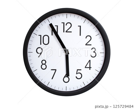 Simple round wall clock with black frame and white face, showing the time exactly at 05:55 or 17:55. Representing time precision in concepts of deadlines. 125729484