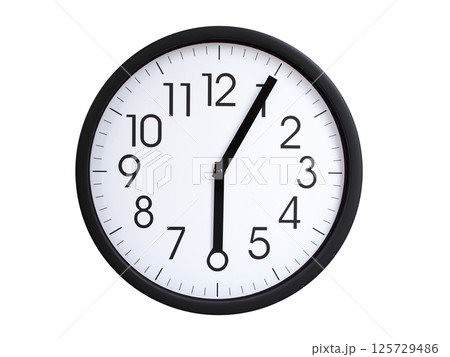 Simple round wall clock with black frame and white face, showing the time exactly at 06:05 or 18:05. Representing time precision in concepts of deadlines. 125729486