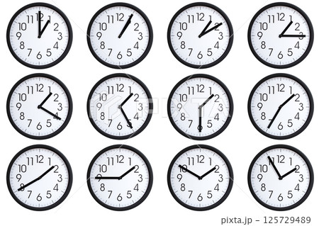 Collection of 12 round wall clocks displaying  01:00 to 01:55 or 13:00 to 13:55 on a clean white background, useful for concepts such as time zones, time management. 125729489