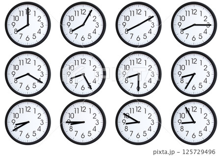 Collection of 12 round wall clocks displaying 08:00 to 08:55 or 20:00 to 20:55 on a clean white background, useful for concepts such as time zones, time management. Collection of 12 round wall clocks displaying 08:00 to 08:55 or 20:00 to 20:55 on a clean white background, useful for concepts such as time zones, time management. 125729496