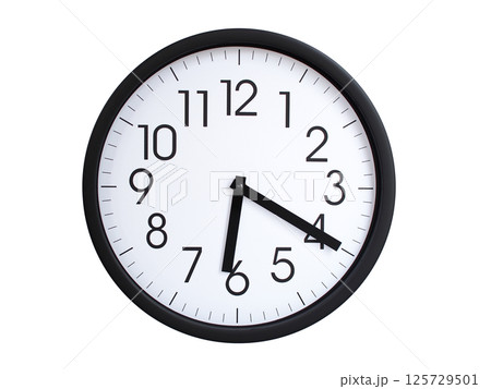 Simple round wall clock with black frame and white face, showing the time exactly at 06:20 or 18:20. Representing time precision in concepts of deadlines. Simple round wall clock with black frame and white face, showing the time exactly at 06:20 or 18:20. Representing time precision in concepts of deadlines. 125729501