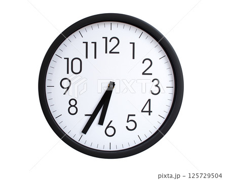 Simple round wall clock with black frame and white face, showing the time exactly at 06:35 or 18:35. Representing time precision in concepts of deadlines. Simple round wall clock with black frame and white face, showing the time exactly at 06:35 or 18:35. Representing time precision in concepts of deadlines. 125729504