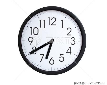 Simple round wall clock with black frame and white face, showing the time exactly at 06:40 or 18:40. Representing time precision in concepts of deadlines. 125729505