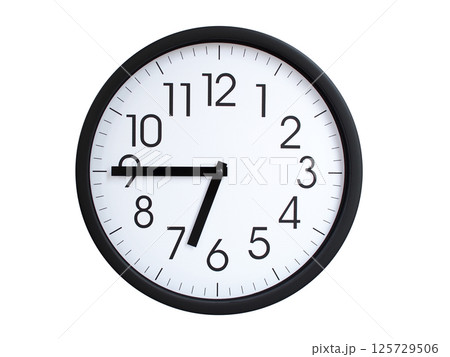 Simple round wall clock with black frame and white face, showing the time exactly at 06:45 or 18:45. Representing time precision in concepts of deadlines. 125729506