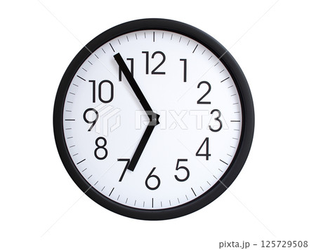 Simple round wall clock with black frame and white face, showing the time exactly at 06:55 or 18:55. Representing time precision in concepts of deadlines. Simple round wall clock with black frame and white face, showing the time exactly at 06:55 or 18:55. Representing time precision in concepts of deadlines. 125729508