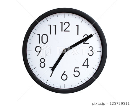 Simple round wall clock with black frame and white face, showing the time exactly at 07:10 or 19:10. Representing time precision in concepts of deadlines. 125729511