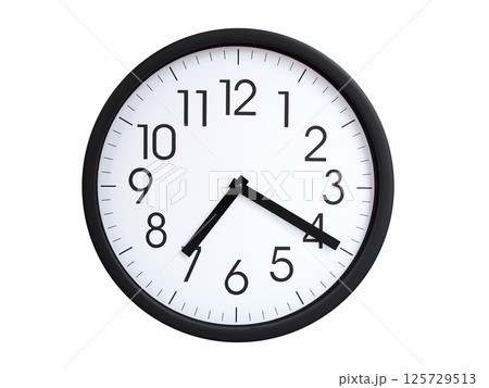 Simple round wall clock with black frame and white face, showing the time exactly at 07:20 or 19:20. Representing time precision in concepts of deadlines. Simple round wall clock with black frame and white face, showing the time exactly at 07:20 or 19:20. Representing time precision in concepts of deadlines. 125729513