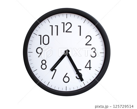 Simple round wall clock with black frame and white face, showing the time exactly at 07:25 or 19:25. Representing time precision in concepts of deadlines. 125729514