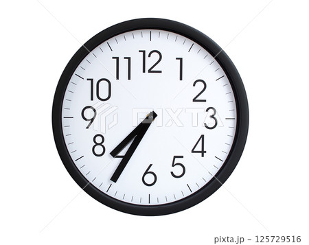 Simple round wall clock with black frame and white face, showing the time exactly at 07:35 or 19:35. Representing time precision in concepts of deadlines. Simple round wall clock with black frame and white face, showing the time exactly at 07:35 or 19:35. Representing time precision in concepts of deadlines. 125729516