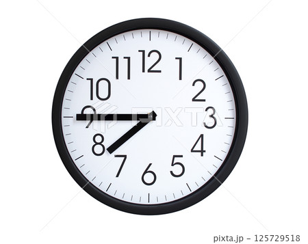 Simple round wall clock with black frame and white face, showing the time exactly at 07:45 or 19:45. Representing time precision in concepts of deadlines. Simple round wall clock with black frame and white face, showing the time exactly at 07:45 or 19:45. Representing time precision in concepts of deadlines. 125729518