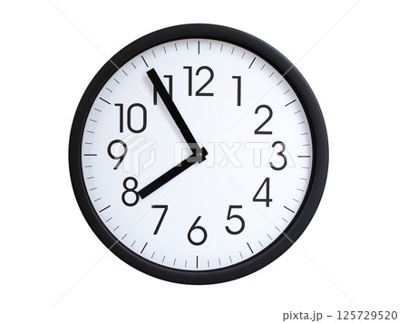 Simple round wall clock with black frame and white face, showing the time exactly at 07:55 or 19:55. Representing time precision in concepts of deadlines. 125729520