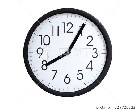 Simple round wall clock with black frame and white face, showing the time exactly at 08:05 or 20:05. Representing time precision in concepts of deadlines. Simple round wall clock with black frame and white face, showing the time exactly at 08:05 or 20:05. Representing time precision in concepts of deadlines. 125729522