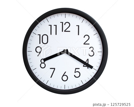 Simple round wall clock with black frame and white face, showing the time exactly at 08:20 or 20:20. Representing time precision in concepts of deadlines. 125729525