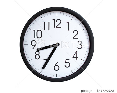 Simple round wall clock with black frame and white face, showing the time exactly at 08:35 or 20:35. Representing time precision in concepts of deadlines. 125729528