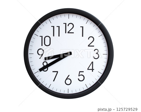 Simple round wall clock with black frame and white face, showing the time exactly at 08:40 or 20:40. Representing time precision in concepts of deadlines. 125729529