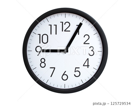 Simple round wall clock with black frame and white face, showing the time exactly at 09:05 or 21:05. Representing time precision in concepts of deadlines. 125729534