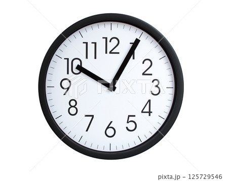 Simple round wall clock with black frame and white face, showing the time exactly at 10:05 or 22:05. Representing time precision in concepts of deadlines. Simple round wall clock with black frame and white face, showing the time exactly at 10:05 or 22:05. Representing time precision in concepts of deadlines. 125729546