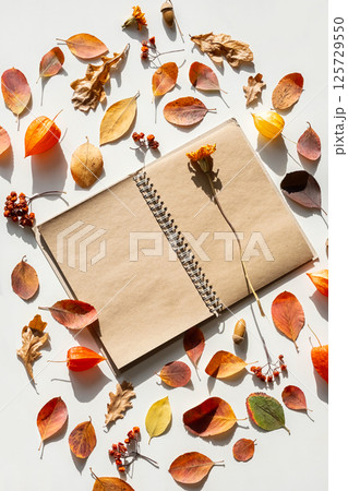Blank Kraft Paper Spiral Notebook Framed by Colorful Autumn Leaves, Berries and Acorns. 125729550