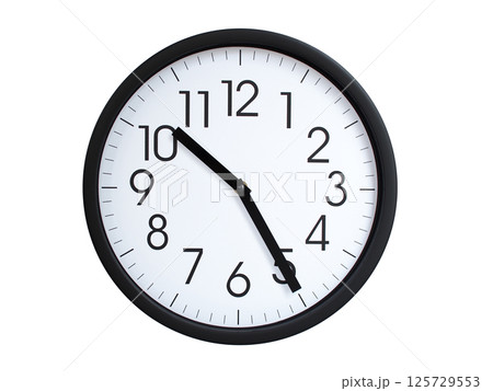 Simple round wall clock with black frame and white face, showing the time exactly at 10:25 or 22:25. Representing time precision in concepts of deadlines. Simple round wall clock with black frame and white face, showing the time exactly at 10:25 or 22:25. Representing time precision in concepts of deadlines. 125729553