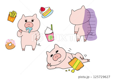 ダイエット中にお菓子を食べて後悔するブタの女の子のイラスト ダイエット中にお菓子を食べて後悔するブタの女の子のイラスト 125729627