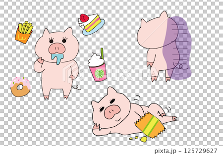 ダイエット中にお菓子を食べて後悔するブタの女の子のイラスト ダイエット中にお菓子を食べて後悔するブタの女の子のイラスト 125729627