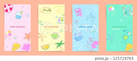 Pastel Doodle Hello Summer Insta Story Template Pack. Vertical summer stories banner pack with pastel beach doodles for social media 125729763